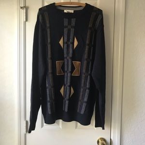 Vintage Men Turnbury Deep Blue Merino Wool Geometric Style Knit Sweater Jumper